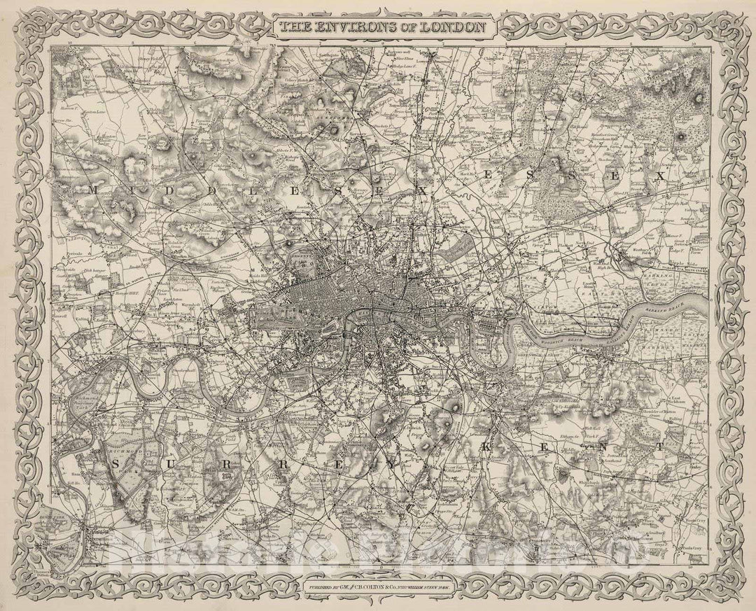 Historic Map : 1886 Environs of London. - Vintage Wall Art