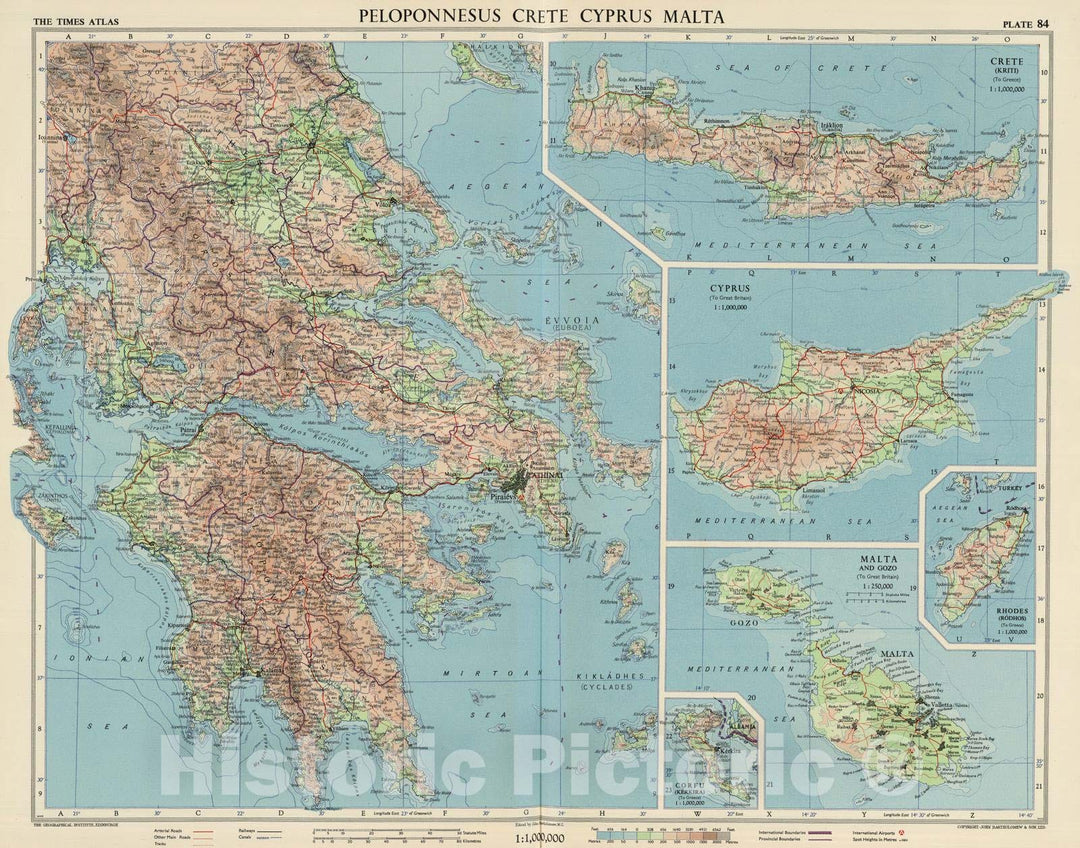 Historic Map : 1956 Peloponnesus Crete Cyprus Malta, Plate 84, V. IV - Vintage Wall Art