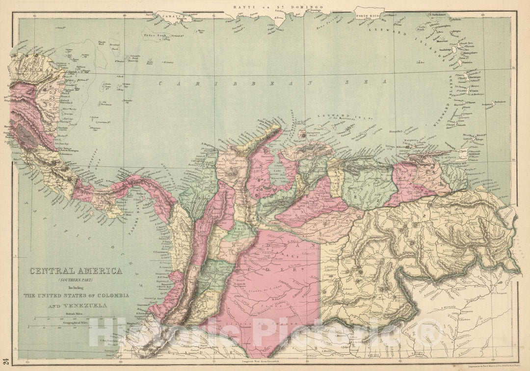 Historic Map : 1873 Central America (Southern Part) Including The United States of Colombia and Venezuela. - Vintage Wall Art