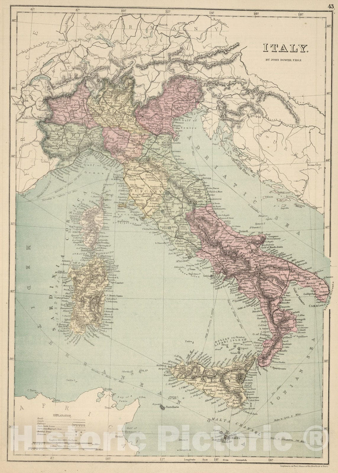 Historic Map : 1873 Italy : Vintage Wall Art