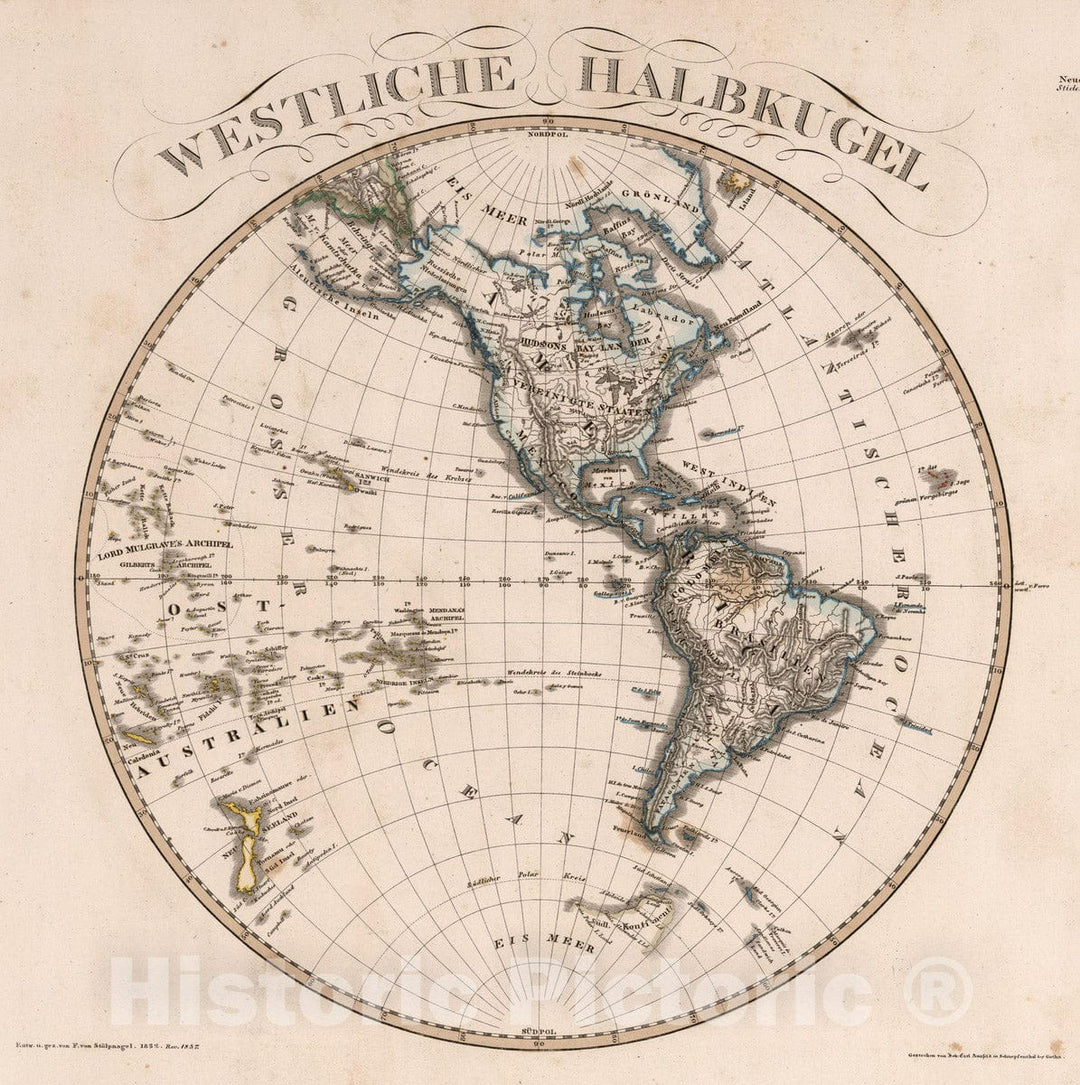 Historic Map : 1837 Westliche Halbkugel. (Western Hemisphere). - Vintage Wall Art