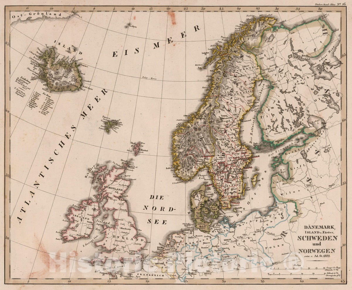 Historic Map : Sweden; Denmark; Norway; Iceland, Scandinavia 1822 Danemark, Island. Faroer, (Denmark, Faroe Island, Sweden, Norway). , Vintage Wall Art