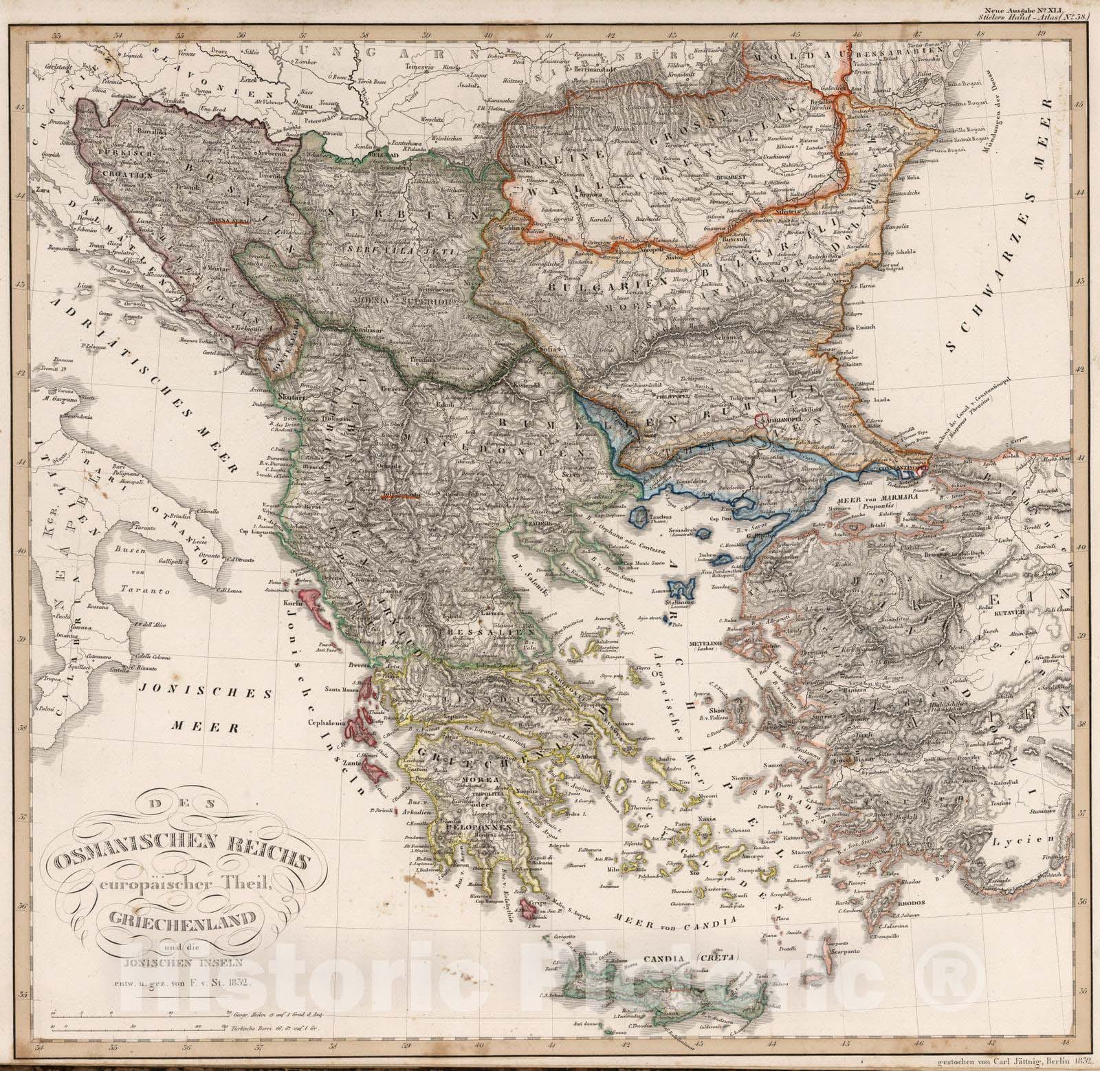 Historic Map : Greece; Macedonia; Bulgaria; Serbia, 1832 Des Osmanischen Reichs europaqischer Theil, Griechenland. (Ottoman Empire in Europe, Greece). , Vintage Wall Art