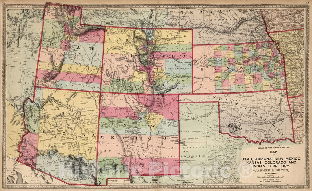 Historic Map : National Atlas - 1872 Utah, Arizona, New Mexico, Kansas, Colorado, and Indian Territory. - Vintage Wall Art