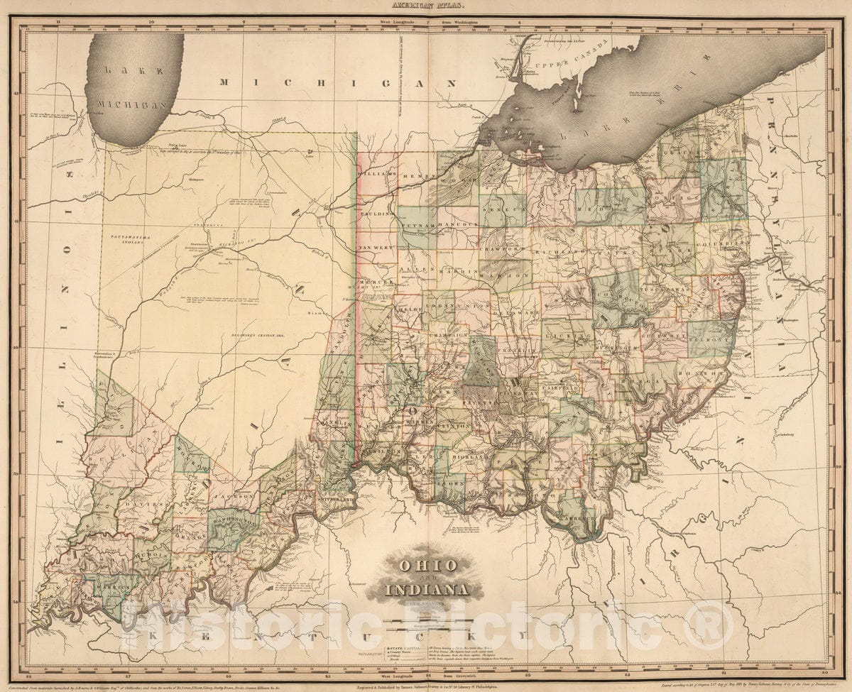 Historic Map : 1823 Ohio and Indiana. - Vintage Wall Art