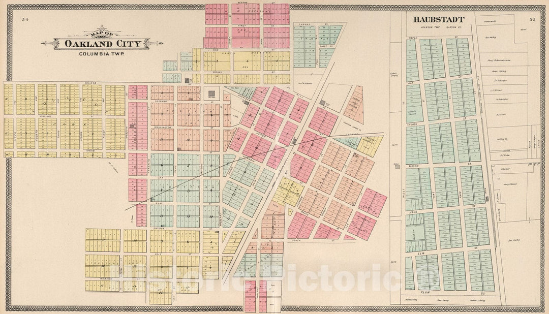 Historic Map : 1899 Oakland City, Columbia Township, Gibson County, Indiana. Haubstadt. - Vintage Wall Art