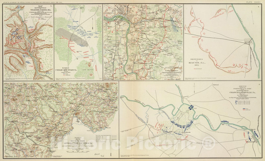 Historic Map : Military Atlas - 1895 Chancellorsville; Buckingham, Appomattox counties. - Vintage Wall Art