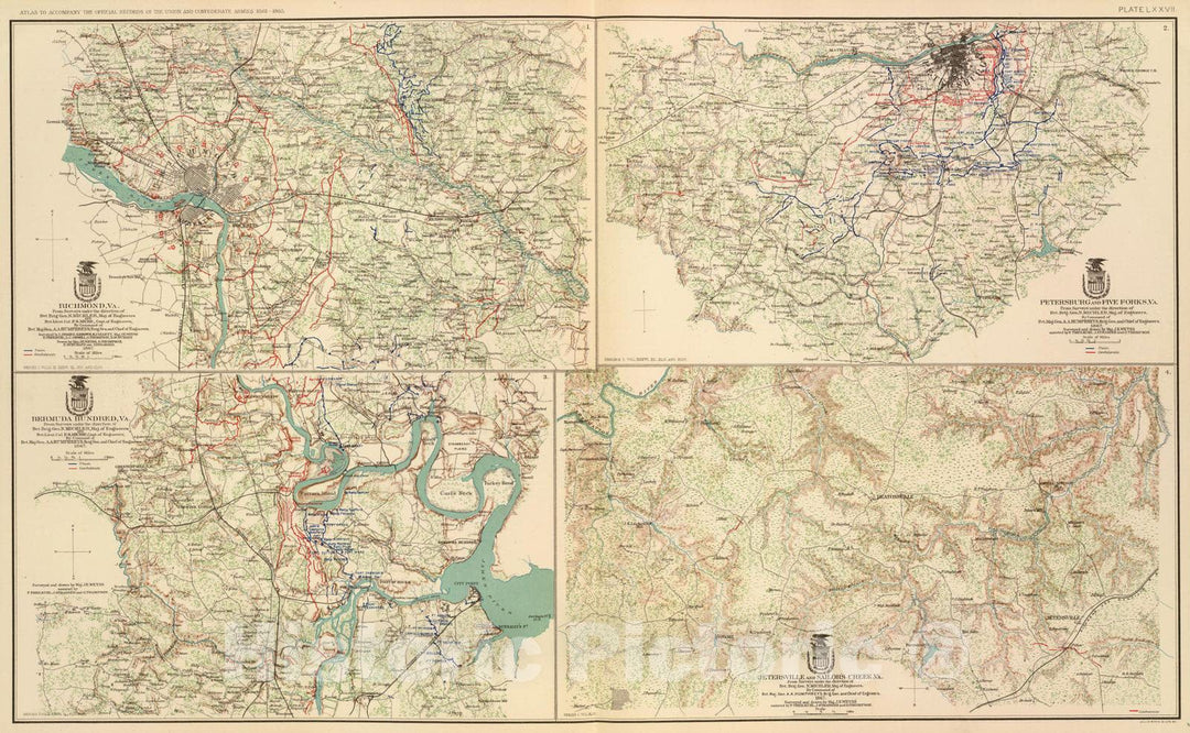 Historic Map : Military Atlas - 1895 Richmond, Petersburg, Five Forks, Bermuda Hundred, Jetersville, Sailor's Creek. - Vintage Wall Art