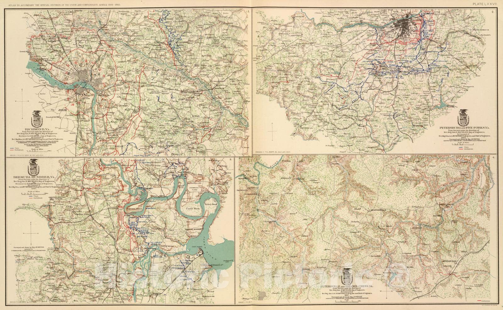 Historic Map : Military Atlas - 1895 Richmond, Petersburg, Five Forks, Bermuda Hundred, Jetersville, Sailor's Creek. - Vintage Wall Art