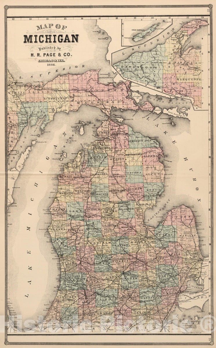 Historic Map : 1886 Michigan, Published by H.R. Page & Co, Chicago, Ill. 1886. - Vintage Wall Art