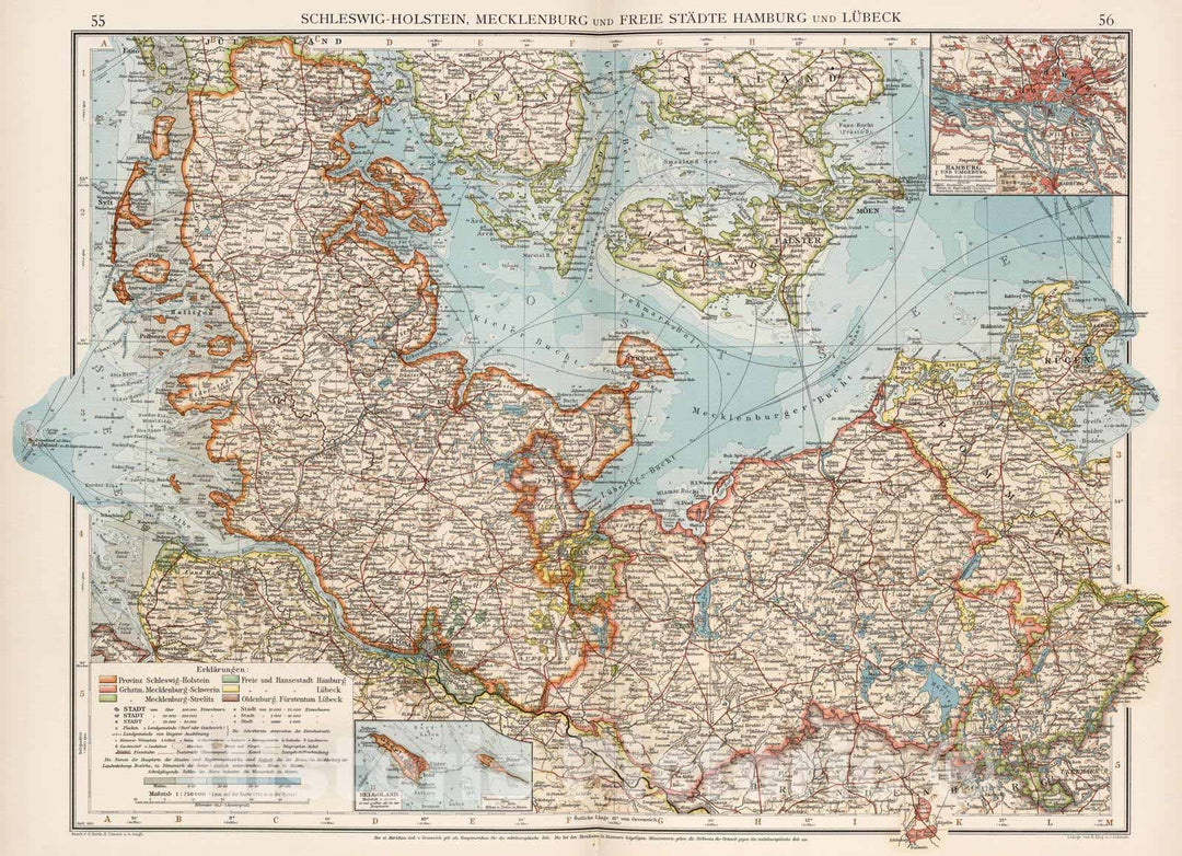 Historic Map : Germany, 1905 Schleswig-Holstein, Mecklenburg und Freie Stadte Hamburg und Lubeck , Vintage Wall Art