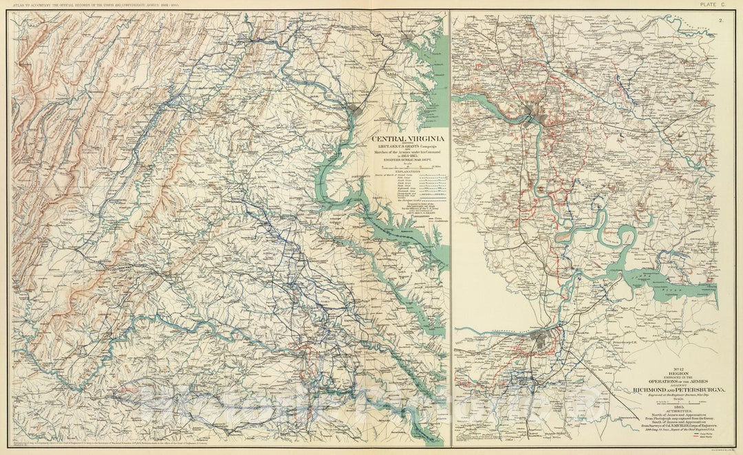 Historic Map : Military Atlas - 1895 Central Virginia 1864-1865. - Vintage Wall Art