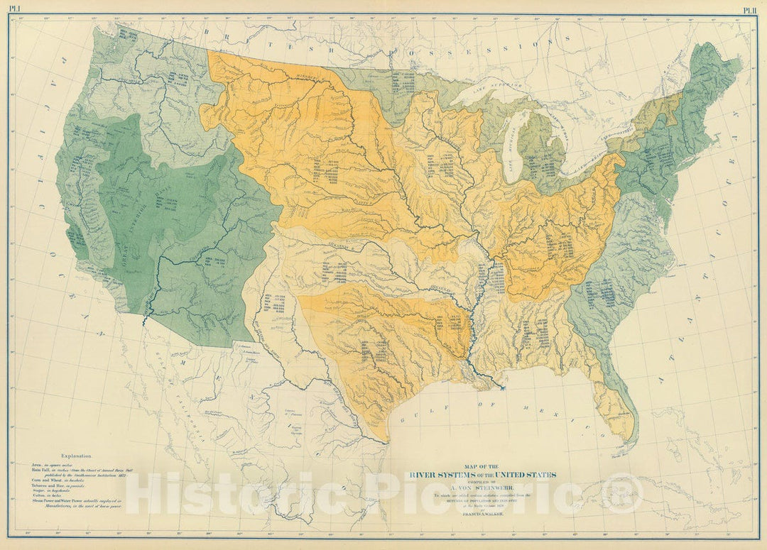 Historic Map : Statistical Atlas - 1874 River systems U.S. - Vintage Wall Art