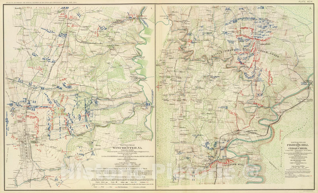 Historic Map : Military Atlas - 1895 Winchester, Fisher's Hill, Cedar Creek. - Vintage Wall Art