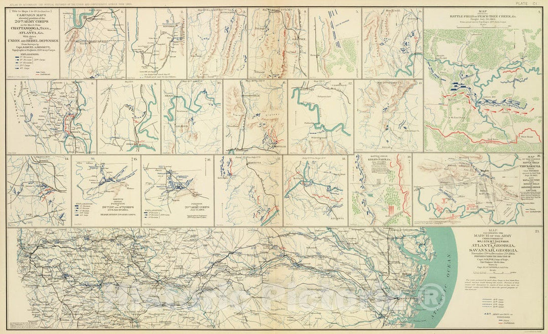 Historic Map : Military Atlas - 1895 Atlanta-Savannah march. - Vintage Wall Art