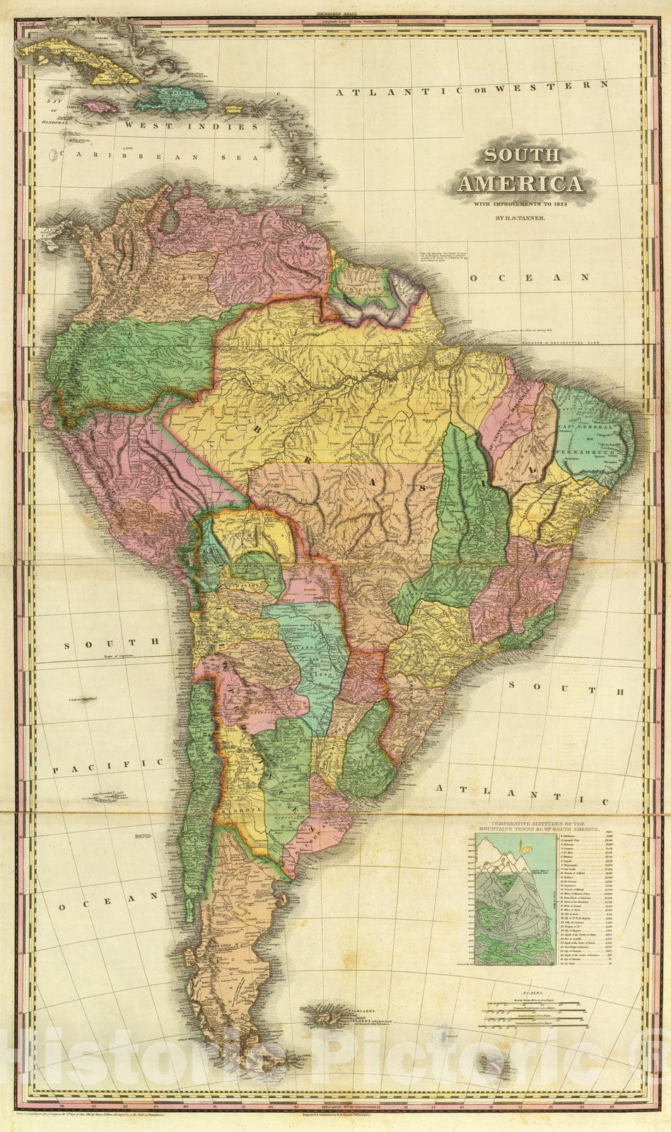 Historic Map : 1825 South America With Improvements To 1823. - Vintage Wall Art