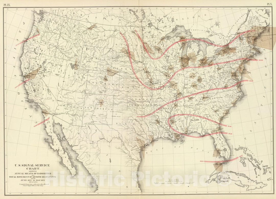 Historic Map : Statistical Atlas - 1874 Barometer, air movement US. - Vintage Wall Art