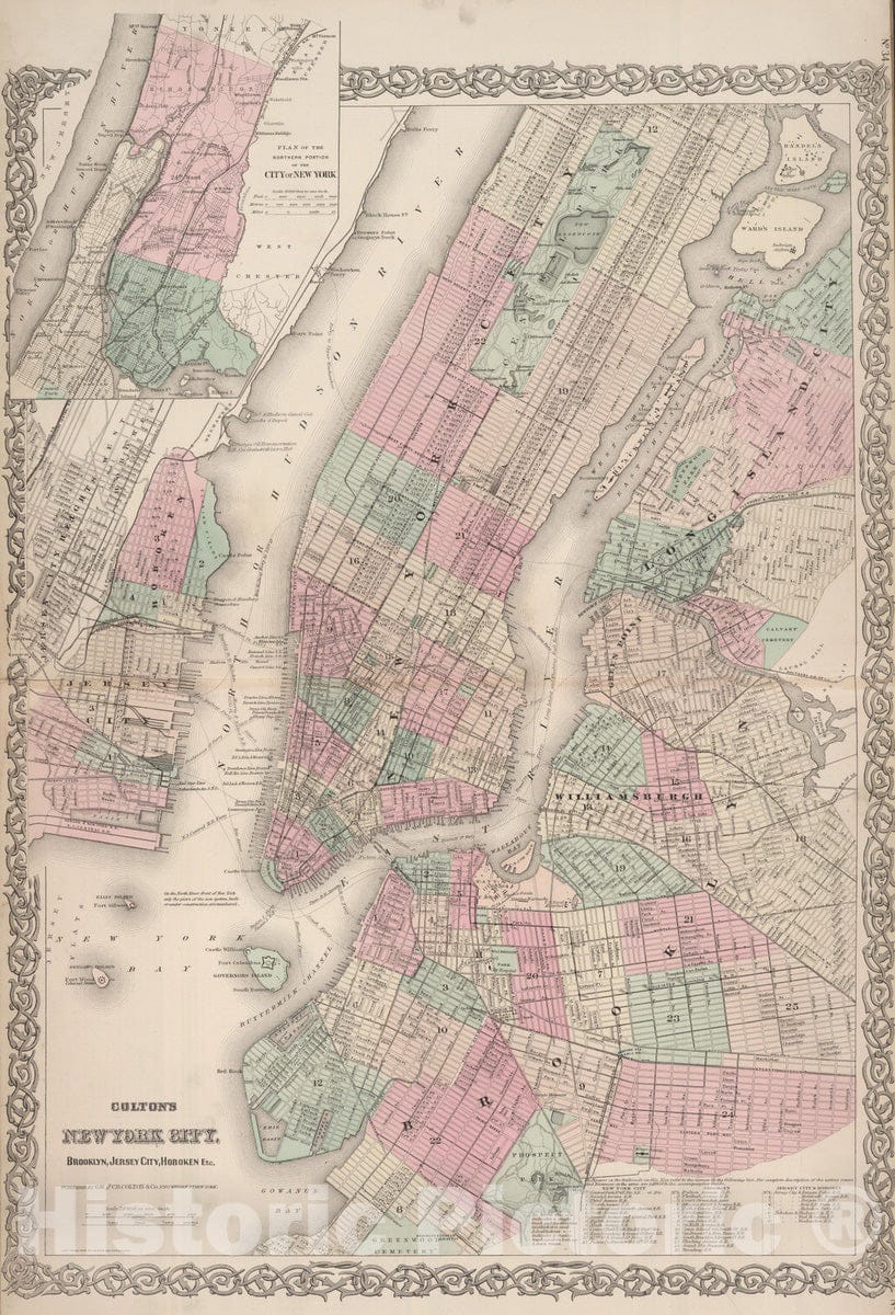 Historic Map : 1886 New York City, Brooklyn, Jersey City, Hoboken. - Vintage Wall Art