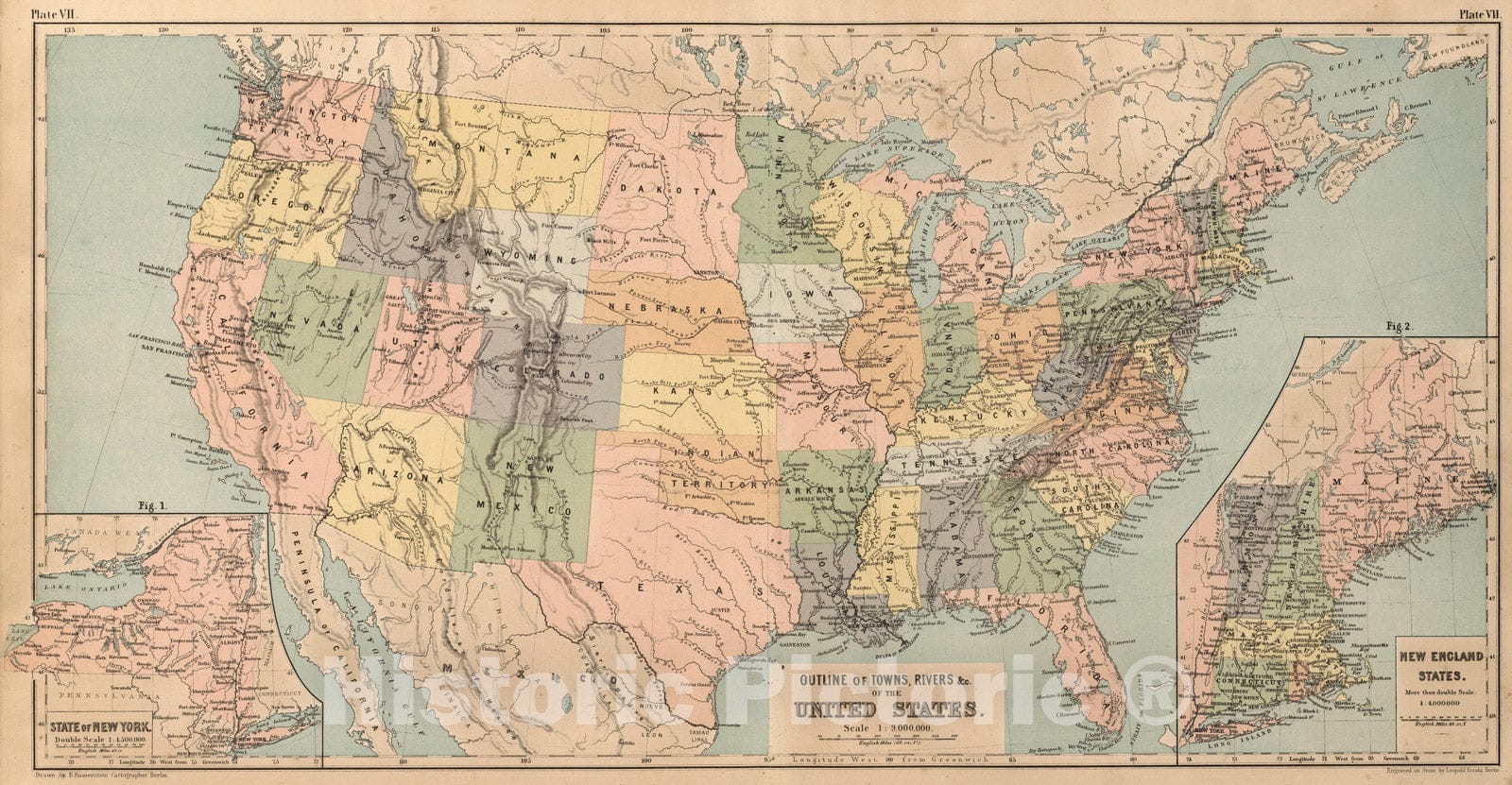 Historic Map : School Atlas - 1867 Plate VII. Outline of Towns, Rivers &co. of the United States. - Vintage Wall Art