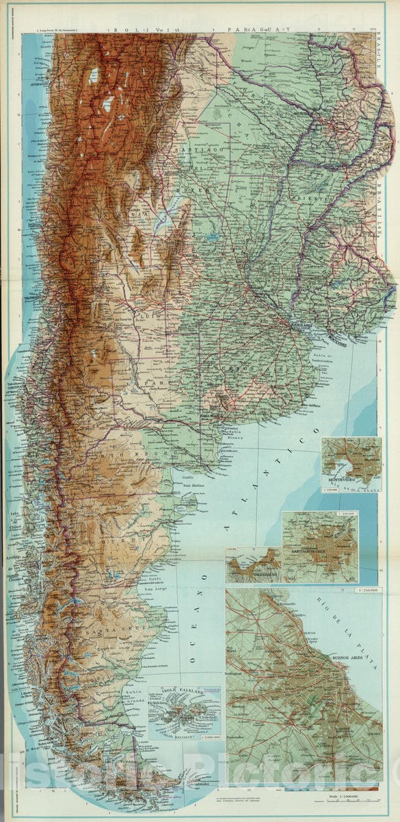 Historic Map - 1952 Argentina, Chile, Uruguay. - Vintage Wall Art