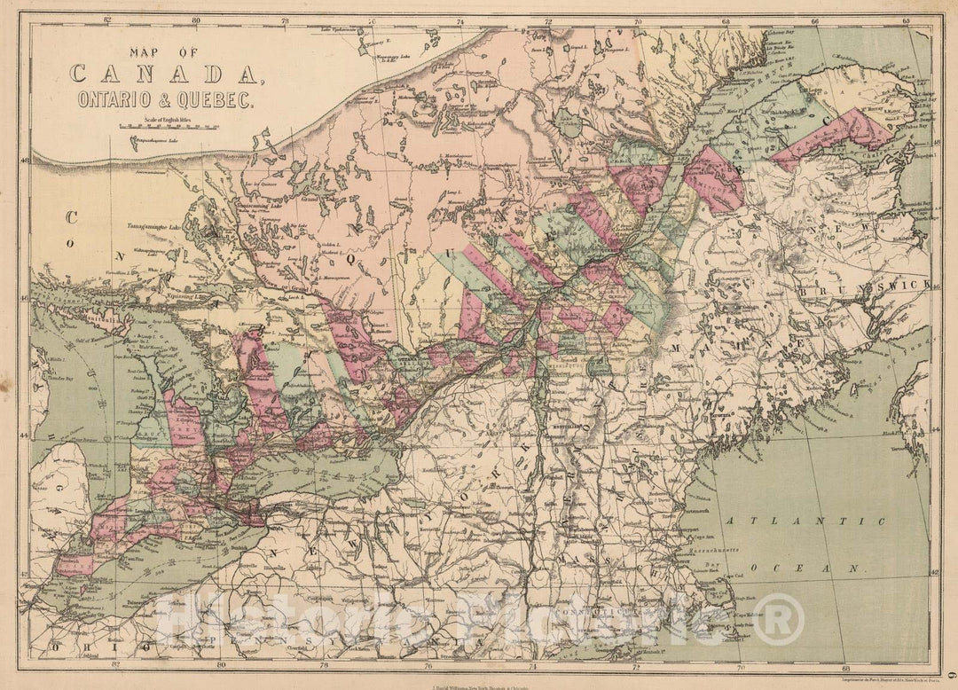 Historic Map : 1873 Ontario and Quebec, Canada. - Vintage Wall Art