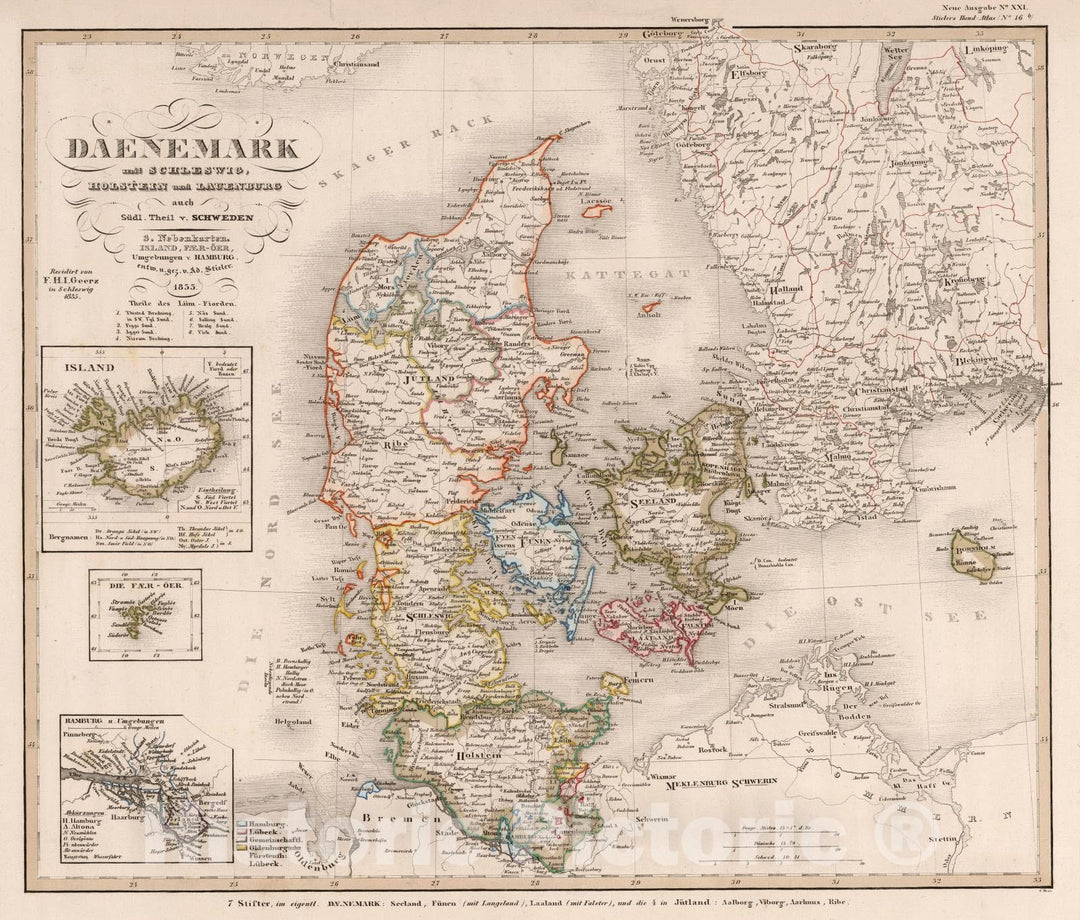 Historic Wall Map : Denmark, 1835 Daenemark mit Schleswig, Holstein, und Laeenburg. (Sweden, Norway, Denmark, Faroe Island, Iceland). , Vintage Wall Art