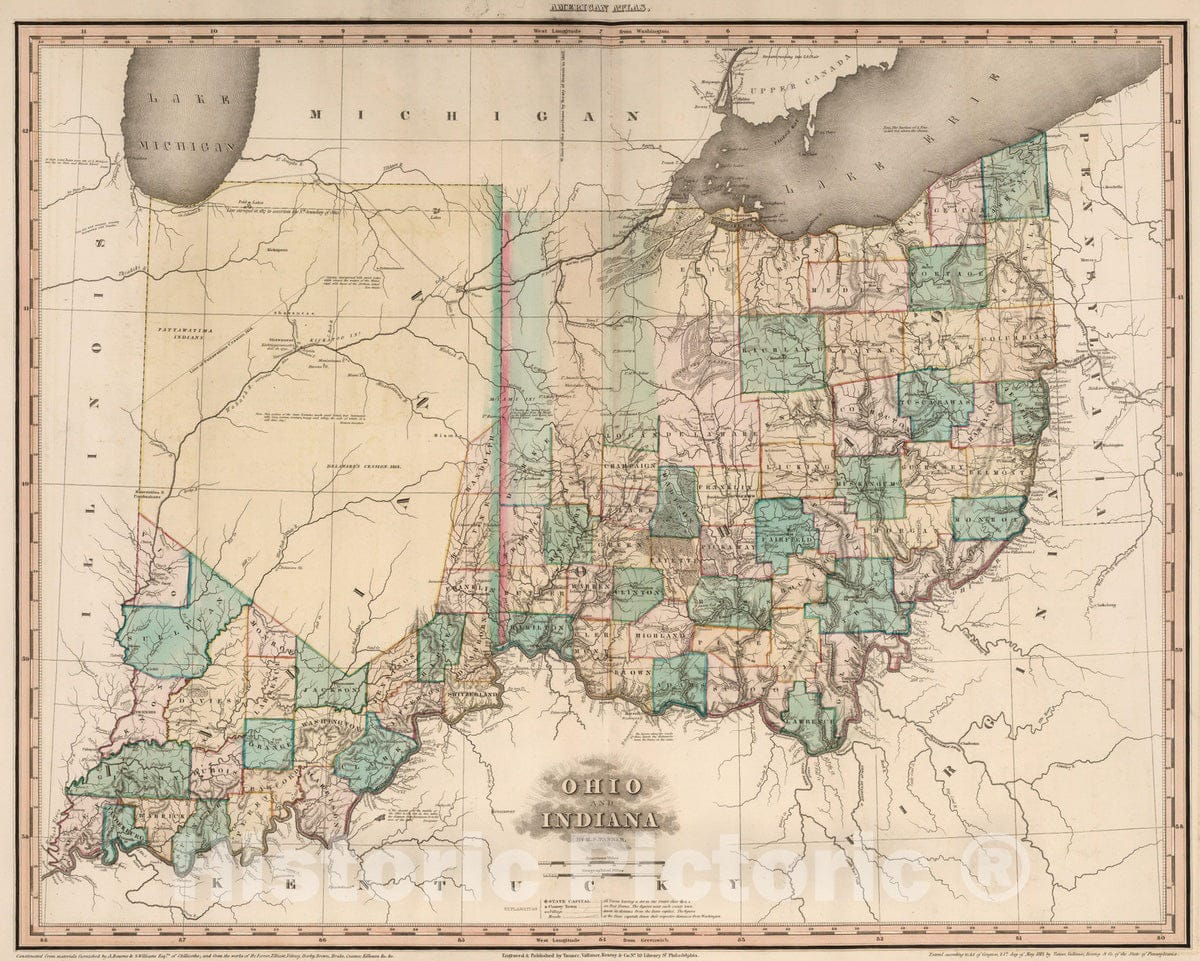 Historic Map : 1833 Ohio and Indiana. v2 - Vintage Wall Art