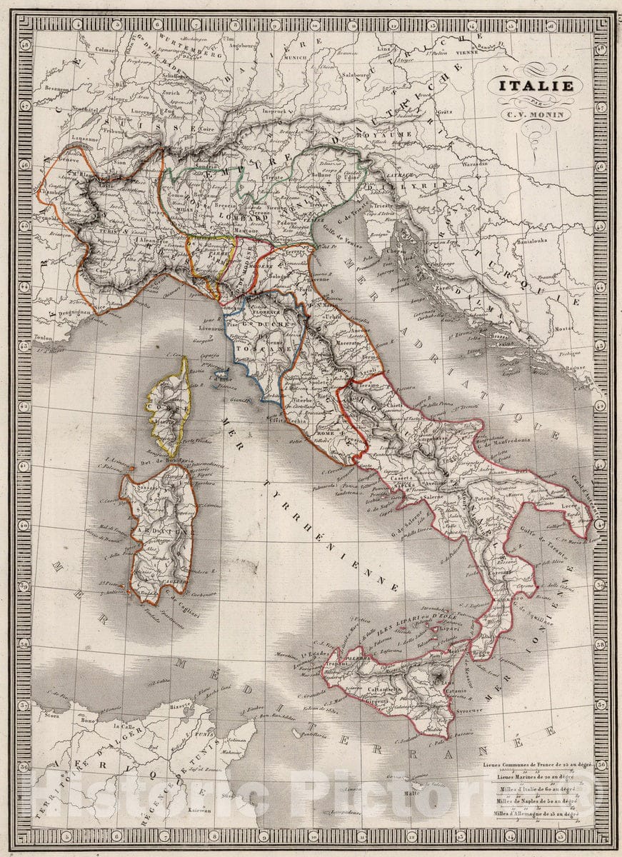 Historic Wall Map : Italy, 1839 Italie. , Vintage Wall Art