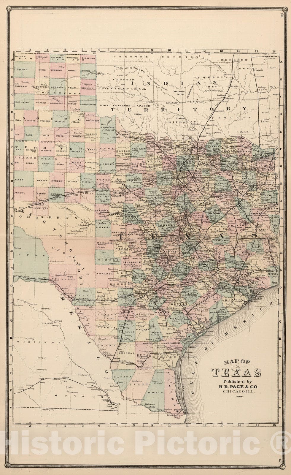 Historic Wall Map : 1886 Texas, Published by H.R. Page & Co, Chicago, Ill, 1886. - Vintage Wall Art