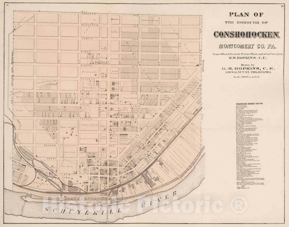 Historic Map - 1871 Conshohocken, Montgomery County, Pennsylvania. - Vintage Wall Art