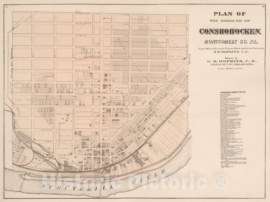 Historic Map - 1871 Conshohocken, Montgomery County, Pennsylvania. - Vintage Wall Art