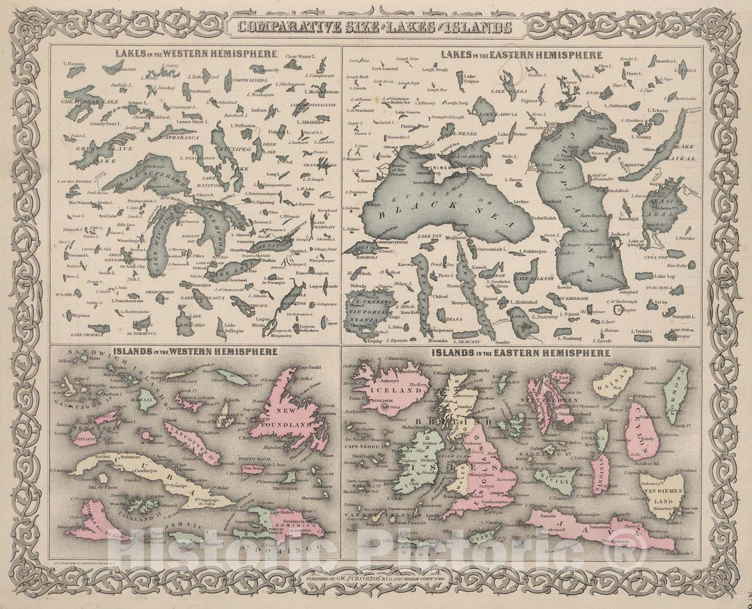 Historic Map : 1886 Comparative Size of Lakes and Islands of the world. - Vintage Wall Art