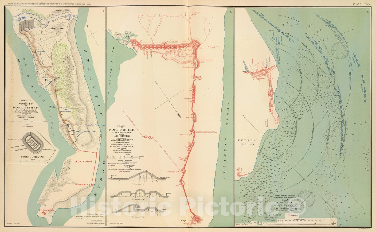 Historic Map : Military Atlas - 1895 Ft. Fisher. - Vintage Wall Art