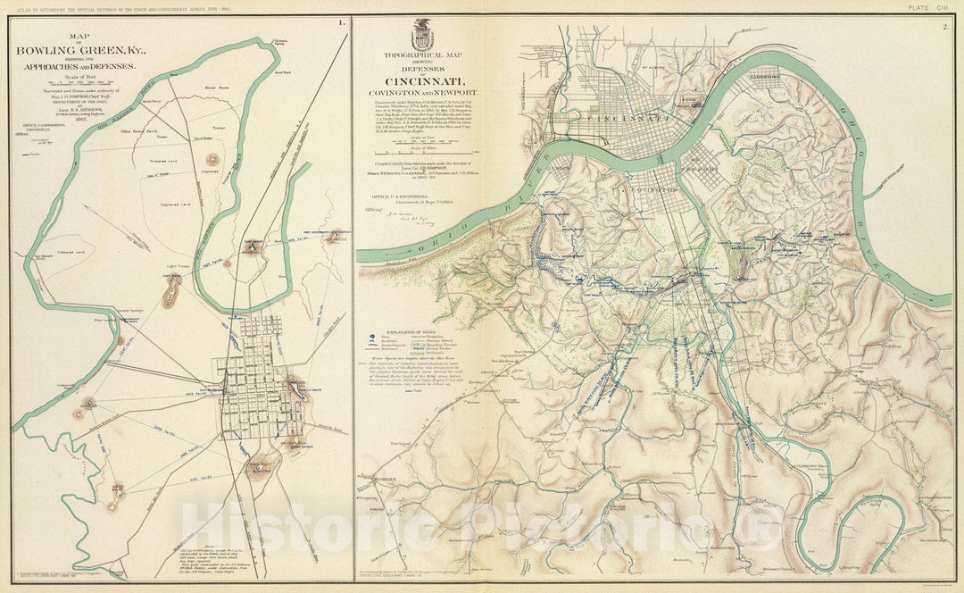 Historic Map : Military Atlas - 1895 Cincinnati, Covington, Newport. - Vintage Wall Art