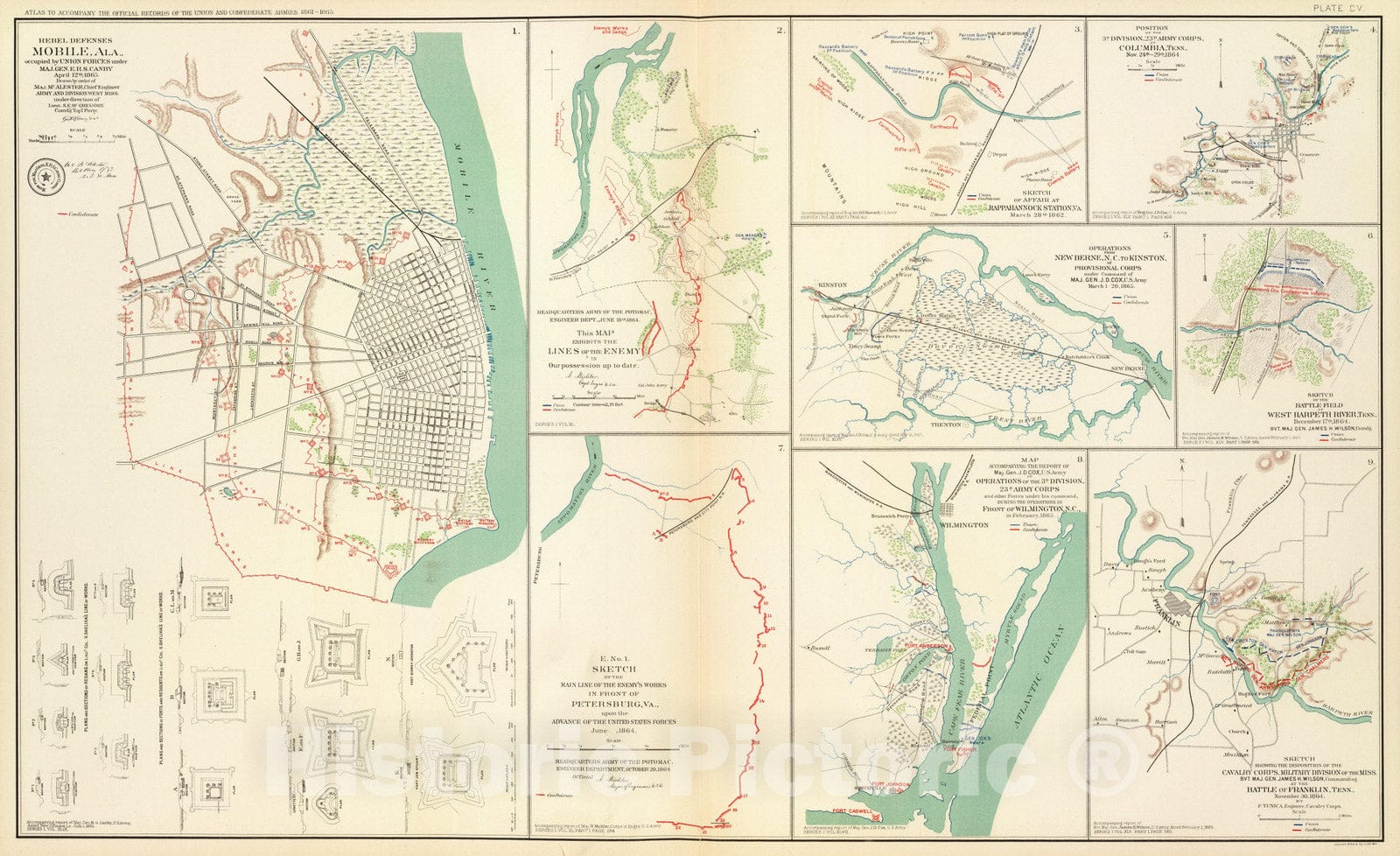 Historic Map : Military Atlas - 1895 Mobile, Ala. rebel defenses. - Vintage Wall Art