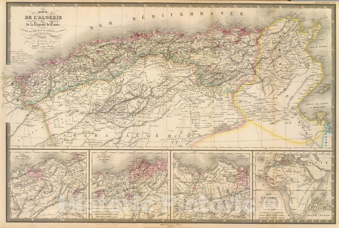 Historic Map : Algeria; Tunisia, , Africa 1850 L'Algerie, Tunis. , Vintage Wall Art