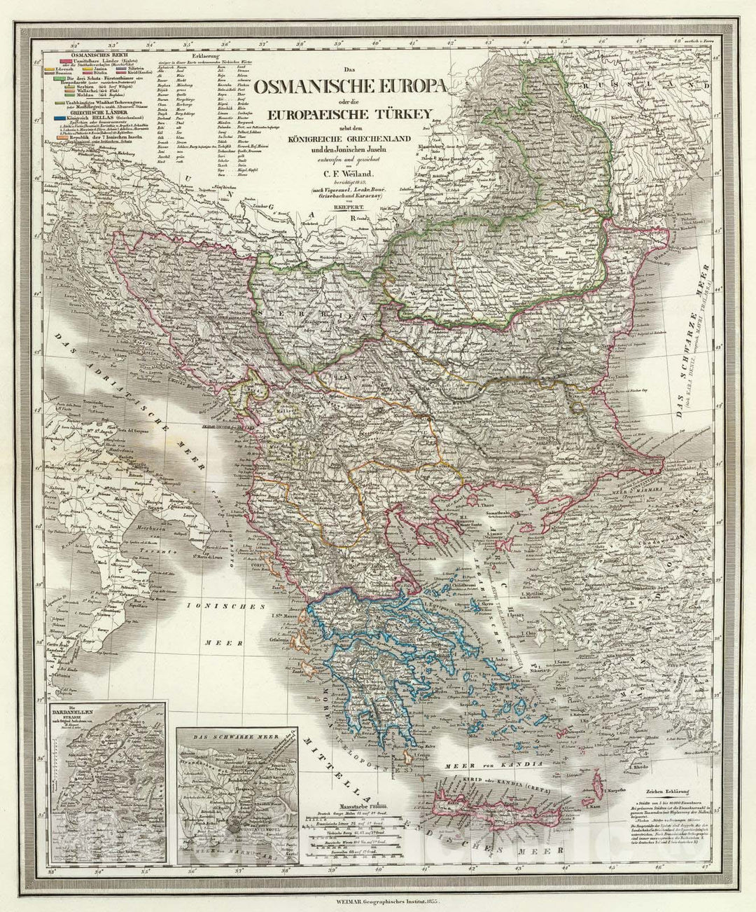 Historic Wall Map : Greece; Turkey, Balkan Peninsula 1855 Osman. Europa. , Vintage Wall Art