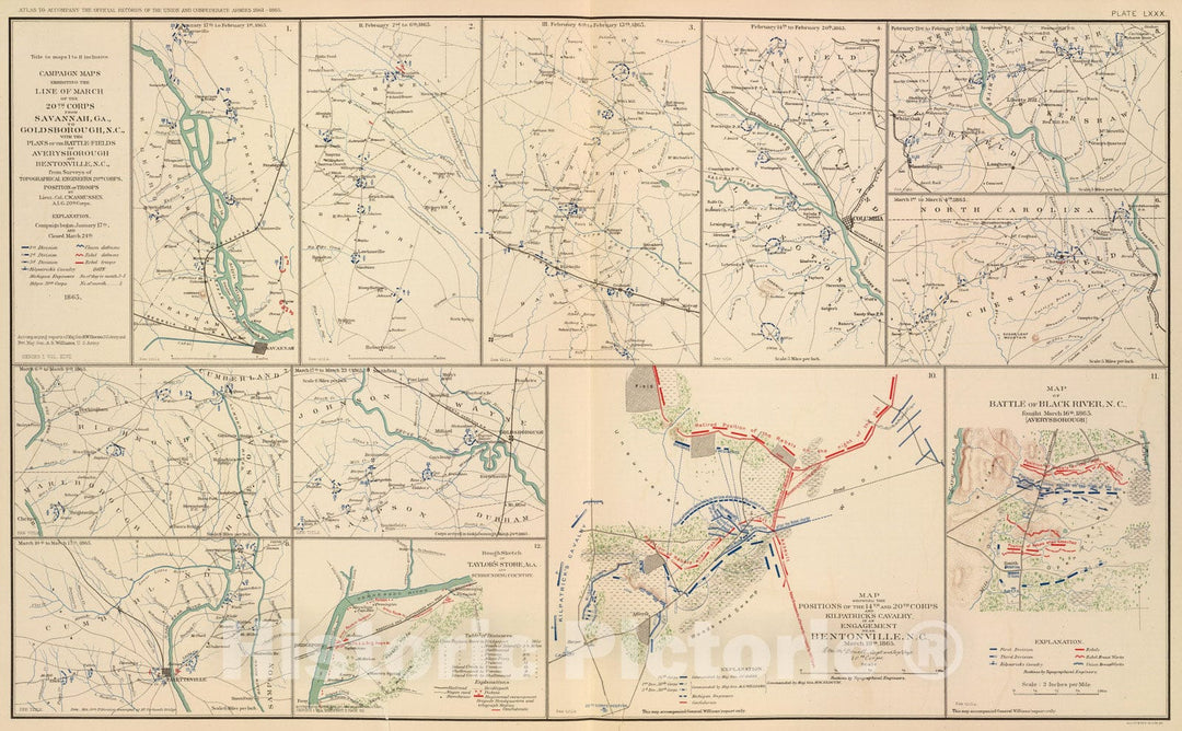 Historic Map : Military Atlas - 1895 Savannah-Goldsborough campaign maps. - Vintage Wall Art