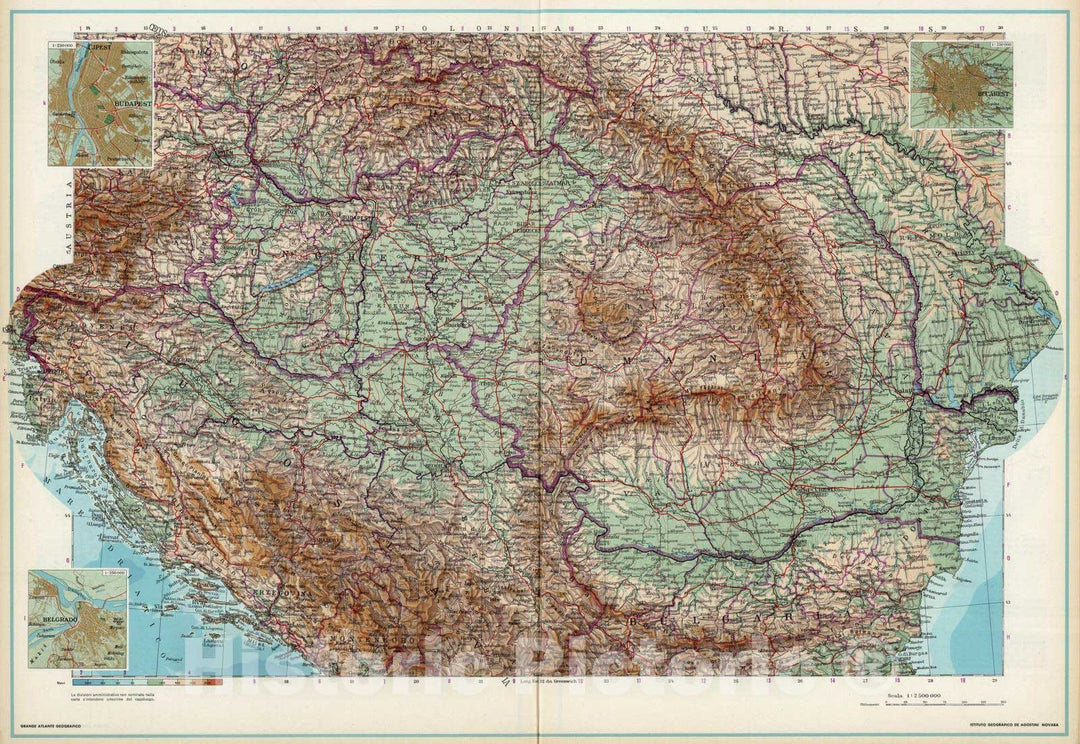 Historic Map : Romania; Hungary; Yugoslavia, 1952 Ungheria Romania Jugoslavia. , Vintage Wall Art