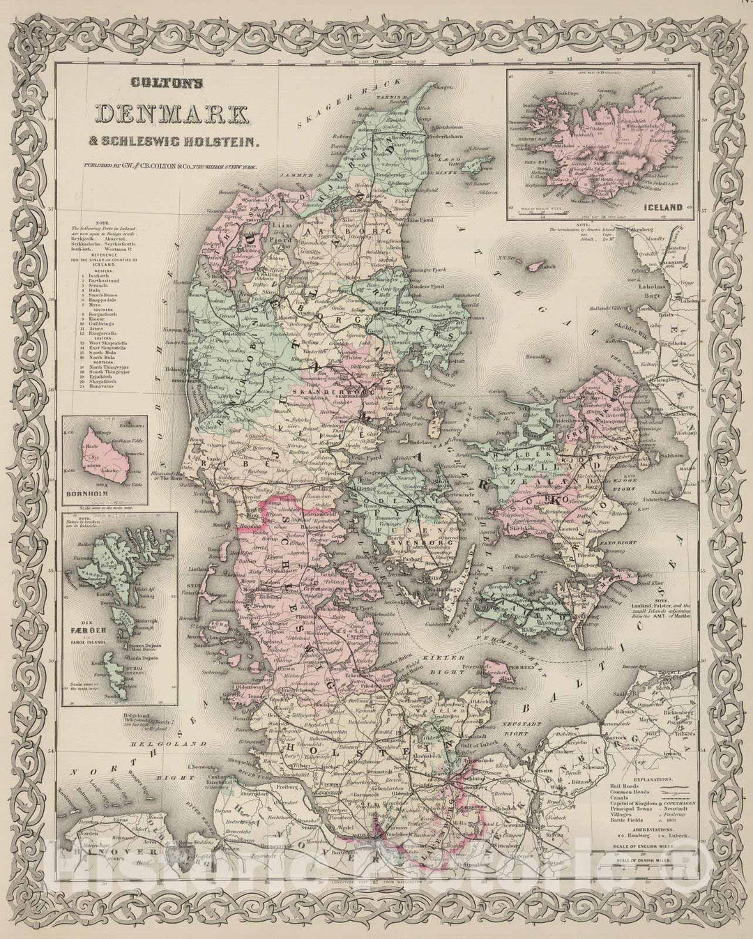 Historic Map : 1886 Denmark. - Vintage Wall Art