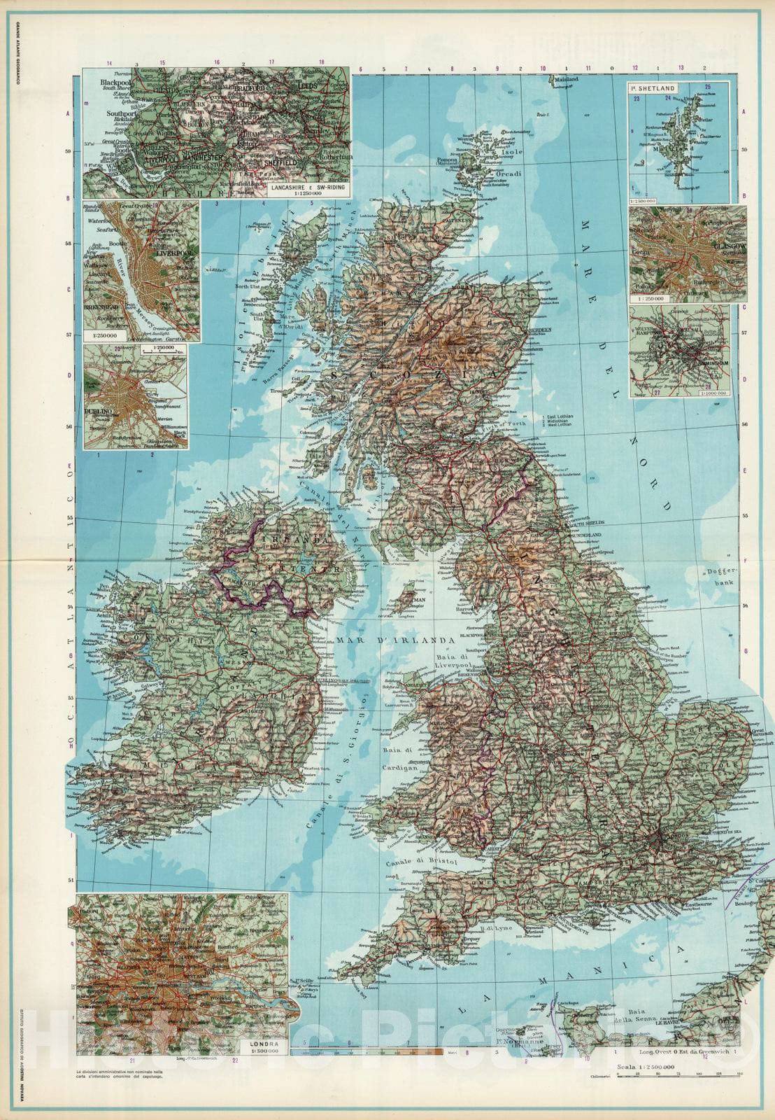 Historic Map : Ireland, Great Britain 1952 Gran Bretagna Irlanda. , Vintage Wall Art