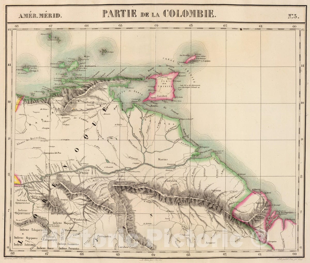 Historic Map : Guyana; Venezuela, 1827 Partie, Colombie. Amer. Merid. 3. , Vintage Wall Art