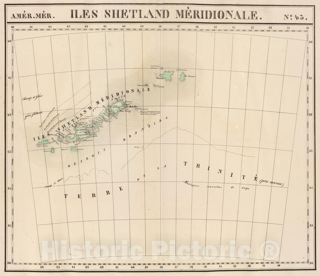 Historic Map : South Shetland Islands (Antarctica) 1827 Iles Shetland Meridionale. Amer. Merid. no. 43. , Vintage Wall Art