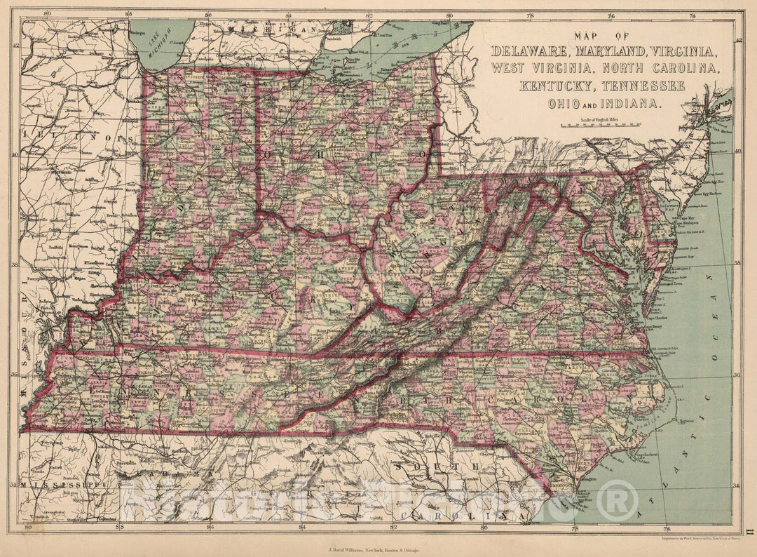 Historic Map : 1873 Map of Delaware, Maryland, Virginia, West Virginia, North Carolina, Kentucky, Tennessee, Ohio and Indiana : Vintage Wall Art