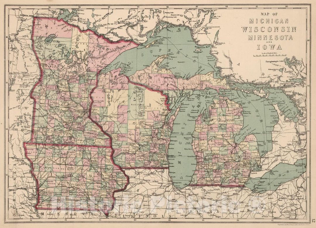 Historic Map : 1873 Michigan, Wisconsin, Minnesota, and Iowa. - Vintage Wall Art