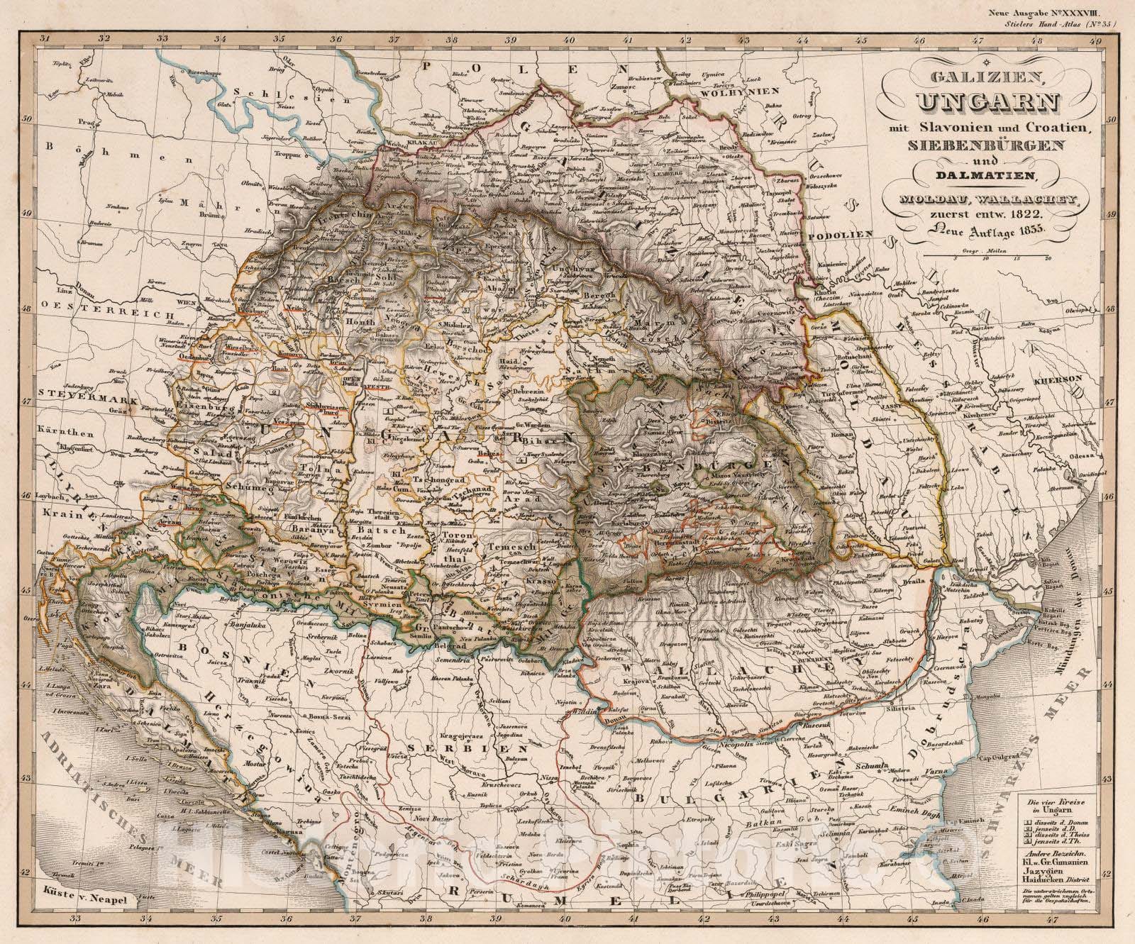 Historic Map : 1835 Galizien, Ungarn mit Slavonien und Croatien (Hungary, Romania, Bulgaria, Croatia). - Vintage Wall Art