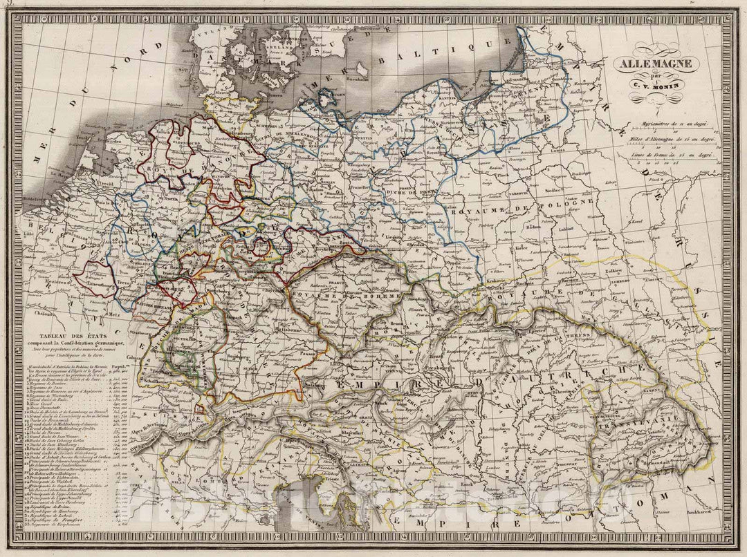 Historic Wall Map : Germany; Austria; Poland; Hungary, 1839 Allemagne. , Vintage Wall Art