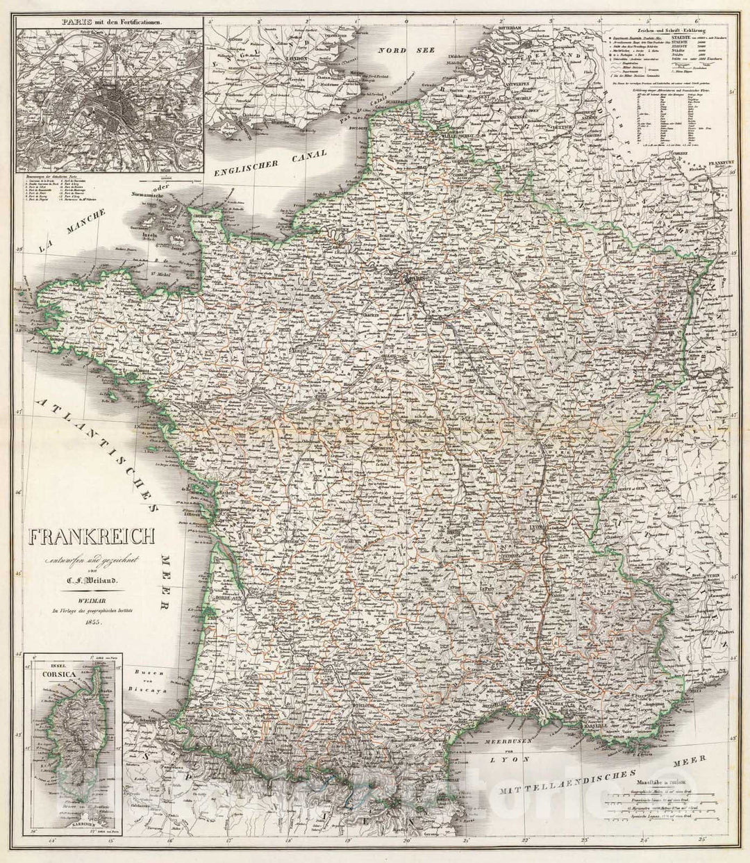 Historic Map : France, Paris Region , France 1855 Frankreich. v2 , Vintage Wall Art