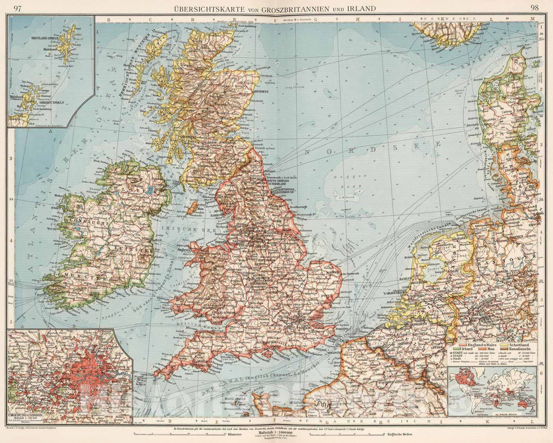 Historic Map : England; Ireland; Scotland, Great Britain 1905 Ubersichtskarte von Groszbritannien und Irland , Vintage Wall Art