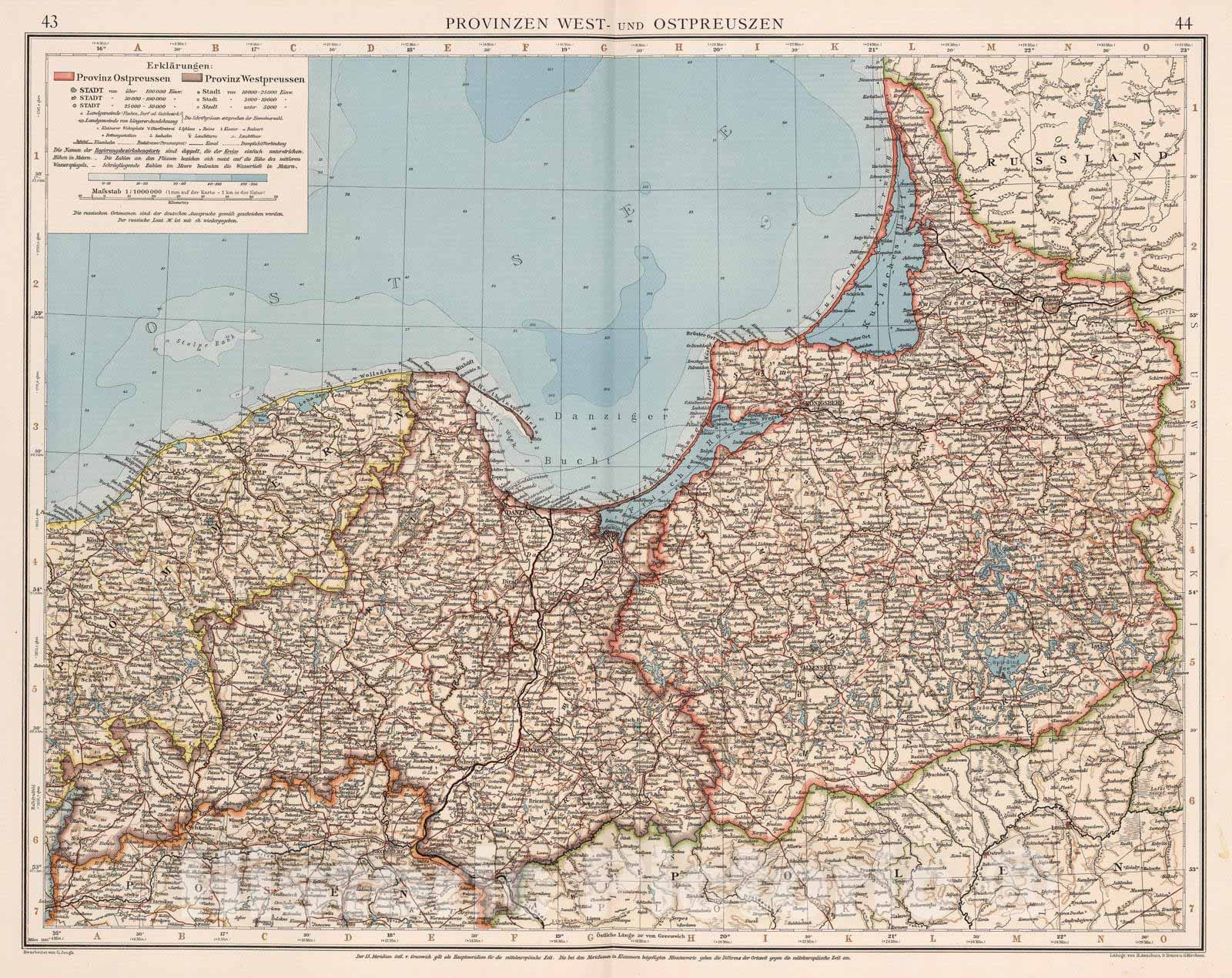 Historic Map : Prussia , Germany; Poland, 1905 Provinzen West- und Ostpreuszen , Vintage Wall Art